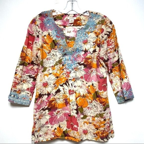 Sundance Split Neck Embroidered Floral Quarter Sleeve Length Cotton Tunic XS - Picture 2 of 9